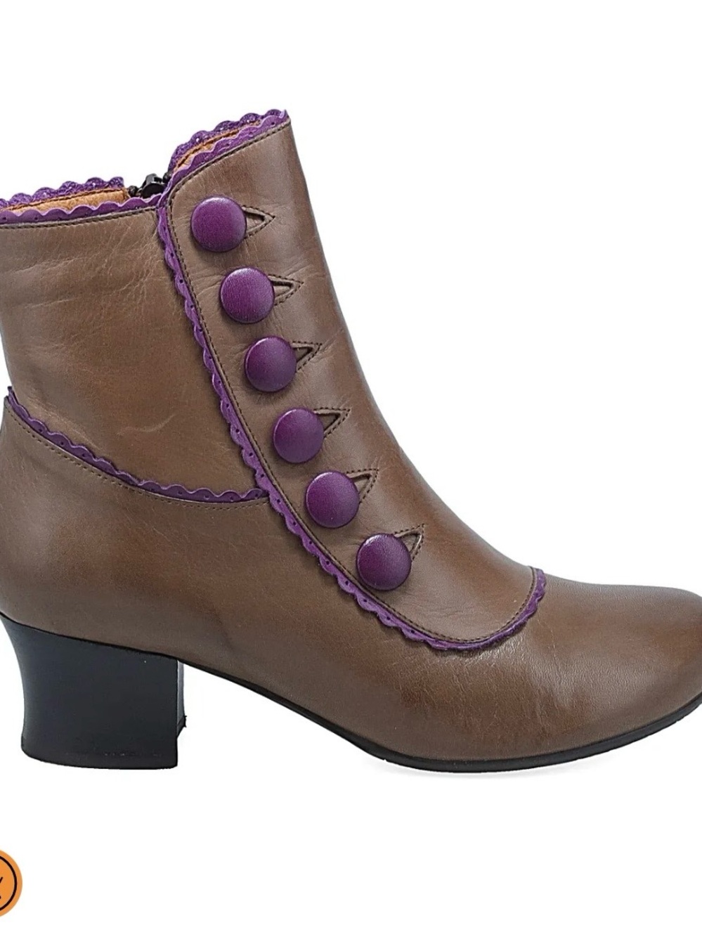 Women's Miz Mooz Brown Leather Ankle Boots with Purple Trim and Buttons - NWT